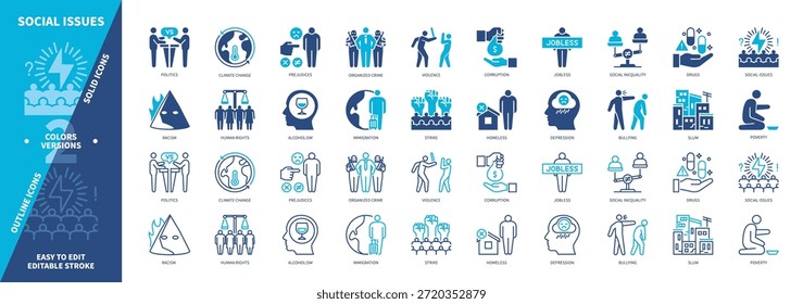 Social Issues icon set. Jobless, Corruption, Depression, Prejudices, Climate Change, Drugs, Homeless, Strike. Duotone color solid and editable outline icons