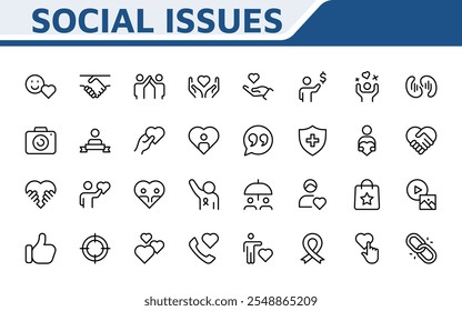 Social Issues Icon Set. Thought-provoking and impactful icons designed to raise awareness and promote engagement, perfect for enhancing campaigns, websites, and educational materials.
