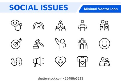 Social Issues Icon Set. Thought-provoking and impactful icons designed to raise awareness and promote engagement, perfect for enhancing campaigns, websites, and educational materials.