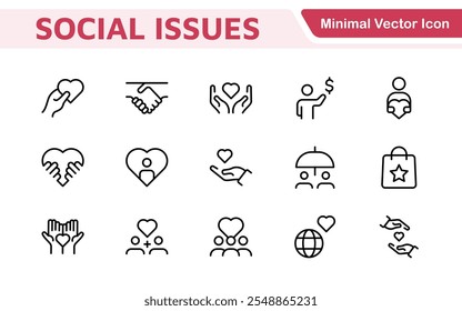 Social Issues Icon Set. Thought-provoking and impactful icons designed to raise awareness and promote engagement, perfect for enhancing campaigns, websites, and educational materials.