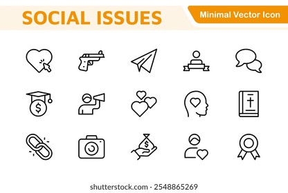 Social Issues Icon Set. Thought-provoking and impactful icons designed to raise awareness and promote engagement, perfect for enhancing campaigns, websites, and educational materials.