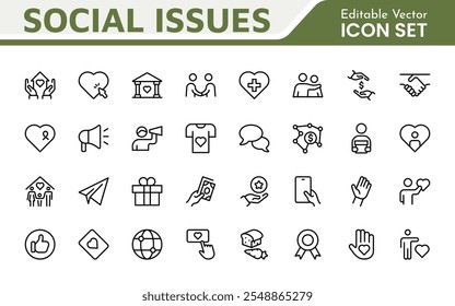 Social Issues Icon Set. Thought-provoking and impactful icons designed to raise awareness and promote engagement, perfect for enhancing campaigns, websites, and educational materials.