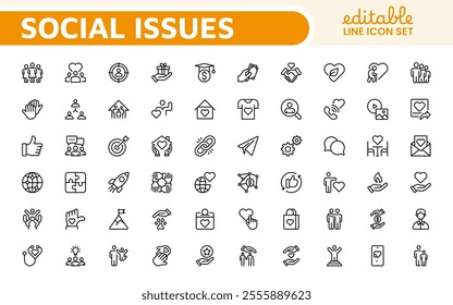 Social Issues Icon Set. Thought-provoking and impactful icons designed to raise awareness and promote engagement, perfect for enhancing campaigns, websites, and educational materials.