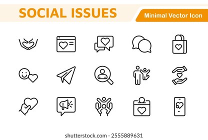 Social Issues Icon Set. Thought-provoking and impactful icons designed to raise awareness and promote engagement, perfect for enhancing campaigns, websites, and educational materials.