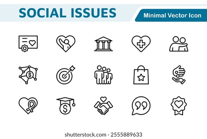 Social Issues Icon Set. Thought-provoking and impactful icons designed to raise awareness and promote engagement, perfect for enhancing campaigns, websites, and educational materials.