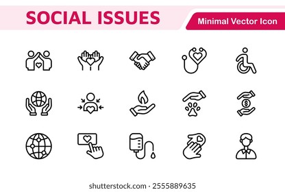 Social Issues Icon Set. Thought-provoking and impactful icons designed to raise awareness and promote engagement, perfect for enhancing campaigns, websites, and educational materials.