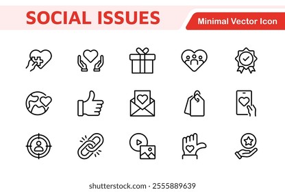 Social Issues Icon Set. Thought-provoking and impactful icons designed to raise awareness and promote engagement, perfect for enhancing campaigns, websites, and educational materials.