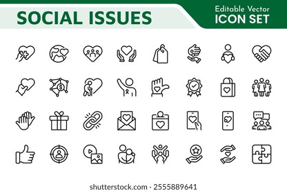 Social Issues Icon Set. Thought-provoking and impactful icons designed to raise awareness and promote engagement, perfect for enhancing campaigns, websites, and educational materials.