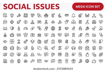 Social Issues Icon Set. Thought-provoking and impactful icons designed to raise awareness and promote engagement, perfect for enhancing campaigns, websites, and educational materials.