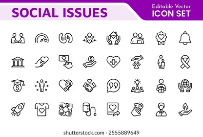 Social Issues Icon Set. Thought-provoking and impactful icons designed to raise awareness and promote engagement, perfect for enhancing campaigns, websites, and educational materials.