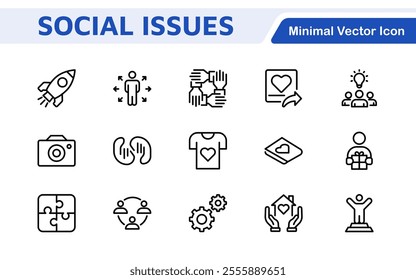 Social Issues Icon Set. Thought-provoking and impactful icons designed to raise awareness and promote engagement, perfect for enhancing campaigns, websites, and educational materials.