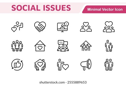 Social Issues Icon Set. Thought-provoking and impactful icons designed to raise awareness and promote engagement, perfect for enhancing campaigns, websites, and educational materials.