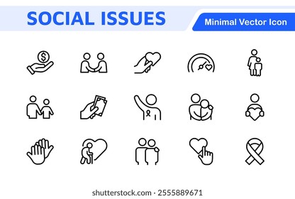 Social Issues Icon Set. Thought-provoking and impactful icons designed to raise awareness and promote engagement, perfect for enhancing campaigns, websites, and educational materials.