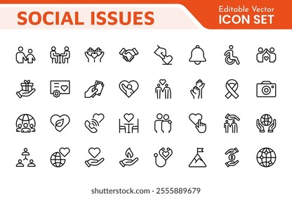 Social Issues Icon Set. Thought-provoking and impactful icons designed to raise awareness and promote engagement, perfect for enhancing campaigns, websites, and educational materials.