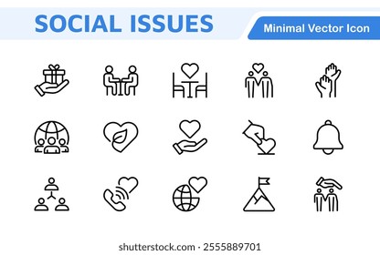 Social Issues Icon Set. Thought-provoking and impactful icons designed to raise awareness and promote engagement, perfect for enhancing campaigns, websites, and educational materials.