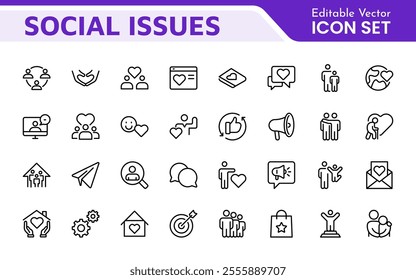 Social Issues Icon Set. Thought-provoking and impactful icons designed to raise awareness and promote engagement, perfect for enhancing campaigns, websites, and educational materials.