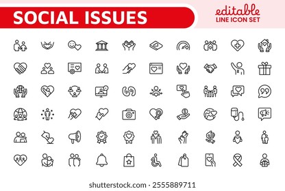 Social Issues Icon Set. Thought-provoking and impactful icons designed to raise awareness and promote engagement, perfect for enhancing campaigns, websites, and educational materials.