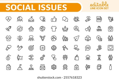 Social Issues Icon Set. Thought-provoking and impactful icons designed to raise awareness and promote engagement, perfect for enhancing campaigns, websites, and educational materials.