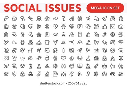 Social Issues Icon Set. Thought-provoking and impactful icons designed to raise awareness and promote engagement, perfect for enhancing campaigns, websites, and educational materials.