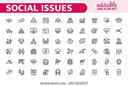 Social Issues Icon Set. Thought-provoking and impactful icons designed to raise awareness and promote engagement, perfect for enhancing campaigns, websites, and educational materials.