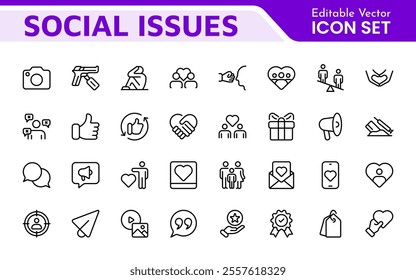 Social Issues Icon Set. Thought-provoking and impactful icons designed to raise awareness and promote engagement, perfect for enhancing campaigns, websites, and educational materials.