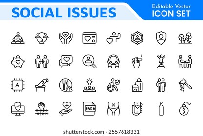 Social Issues Icon Set. Thought-provoking and impactful icons designed to raise awareness and promote engagement, perfect for enhancing campaigns, websites, and educational materials.