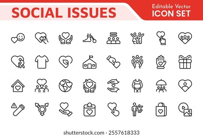 Social Issues Icon Set. Thought-provoking and impactful icons designed to raise awareness and promote engagement, perfect for enhancing campaigns, websites, and educational materials.