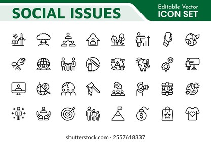 Social Issues Icon Set. Thought-provoking and impactful icons designed to raise awareness and promote engagement, perfect for enhancing campaigns, websites, and educational materials.