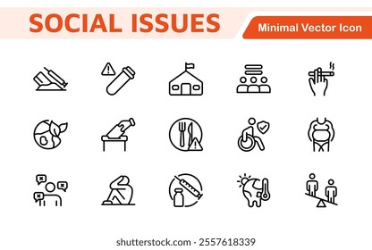 Social Issues Icon Set. Thought-provoking and impactful icons designed to raise awareness and promote engagement, perfect for enhancing campaigns, websites, and educational materials.