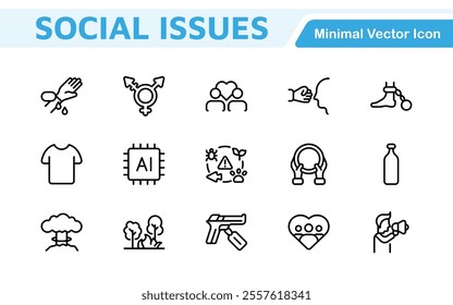 Social Issues Icon Set. Thought-provoking and impactful icons designed to raise awareness and promote engagement, perfect for enhancing campaigns, websites, and educational materials.