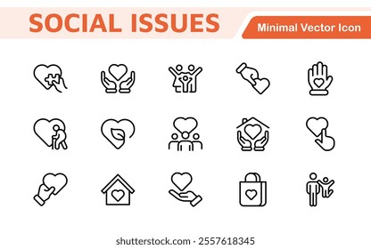 Social Issues Icon Set. Thought-provoking and impactful icons designed to raise awareness and promote engagement, perfect for enhancing campaigns, websites, and educational materials.