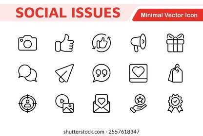 Social Issues Icon Set. Thought-provoking and impactful icons designed to raise awareness and promote engagement, perfect for enhancing campaigns, websites, and educational materials.