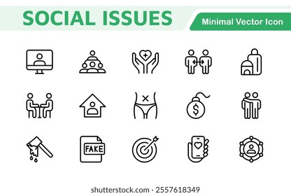 Social Issues Icon Set. Thought-provoking and impactful icons designed to raise awareness and promote engagement, perfect for enhancing campaigns, websites, and educational materials.