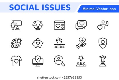 Social Issues Icon Set. Thought-provoking and impactful icons designed to raise awareness and promote engagement, perfect for enhancing campaigns, websites, and educational materials.