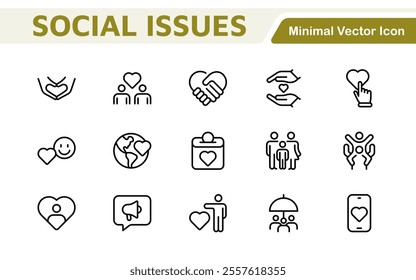 Social Issues Icon Set. Thought-provoking and impactful icons designed to raise awareness and promote engagement, perfect for enhancing campaigns, websites, and educational materials.