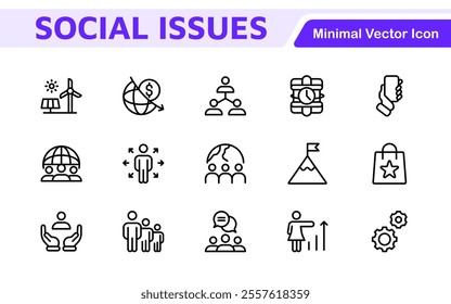 Social Issues Icon Set. Thought-provoking and impactful icons designed to raise awareness and promote engagement, perfect for enhancing campaigns, websites, and educational materials.