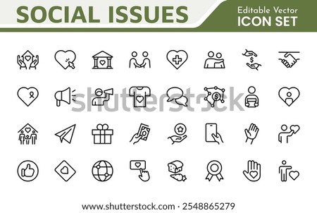 Social Issues Icon Set. Thought-provoking and impactful icons designed to raise awareness and promote engagement, perfect for enhancing campaigns, websites, and educational materials.