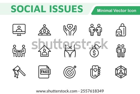 Social Issues Icon Set. Thought-provoking and impactful icons designed to raise awareness and promote engagement, perfect for enhancing campaigns, websites, and educational materials.