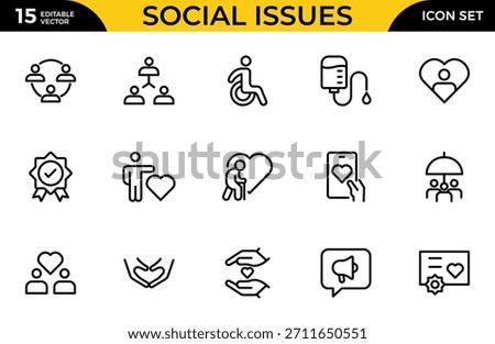 Social Issues Icon Set. Thought-provoking and impactful icons designed to raise awareness and promote engagement. Thin outline icons pack. Vector illustration