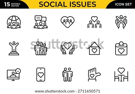 Social Issues Icon Set. Thought-provoking and impactful icons designed to raise awareness and promote engagement. Thin outline icons pack. Vector illustration