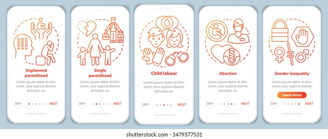 Social issues onboarding mobile app page screen with linear concepts. Single parenthood, child labour, abortion, gender inequality walkthrough graphic instructions. UX, UI, GUI template with icons