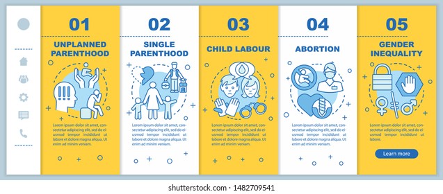 Social issues onboarding mobile web pages vector template. Single parenthood, child labour, gender inequality. Responsive smartphone website interface. Webpage walkthrough step screens