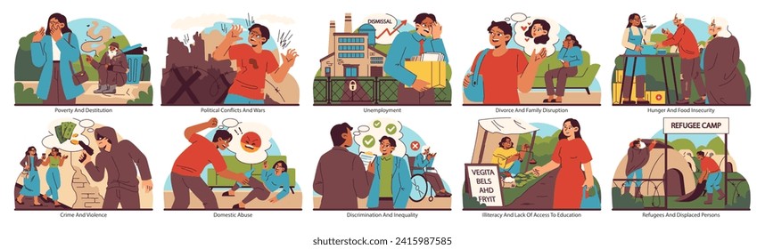 Social issues set. Portrayal of poverty, conflict, unemployment, domestic unrest, hunger, education barriers, and displacement. Flat vector illustration.