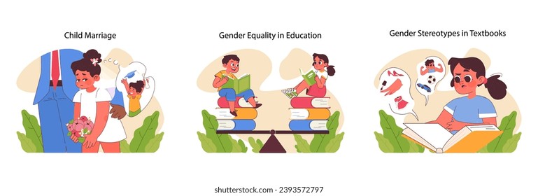 Social issues set. Young girls distress in forced wedding, children of diverse backgrounds enjoying education, and biases in study materials. Child rights, equal learning. Flat vector illustration