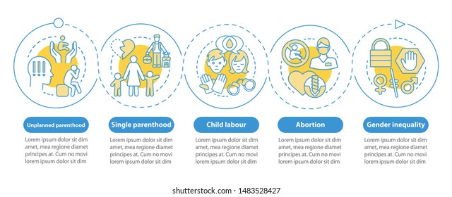 Social issues vector infographic template. Single parenthood, child labour, abortion, gender inequality. Data visualization with five steps. Process timeline chart. Workflow layout with linear icons