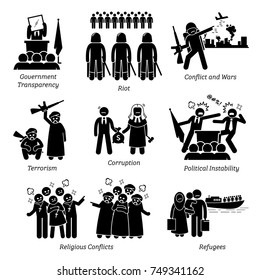 Social Issues World Problems Pictogram Icons. Illustrations depicts government transparency, riot, civil war, conflict, terrorism, corruption, political instability, religious conflicts, and refugee. 