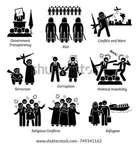 Social Issues World Problems Pictogram Icons. Illustrations depicts government transparency, riot, civil war, conflict, terrorism, corruption, political instability, religious conflicts, and refugee. 