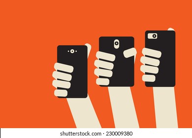 Social Journalism: Multiple Hands Holding Smartphones To Take  Picture Or Record Video