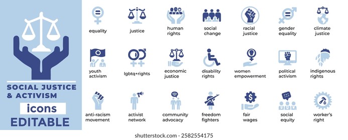 Social Justice and Activism vector icons equality, human rights, advocacy, activism, empowerment, and community impact