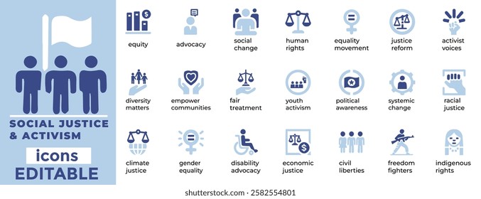 Social Justice and Activism vector icons equality, human rights, advocacy, activism, empowerment, and community impact